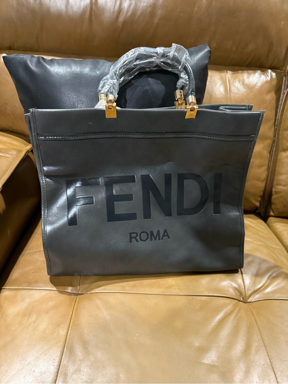 Dup F Grey with Black Leather Roma Logo Tote with Gold Hardware
